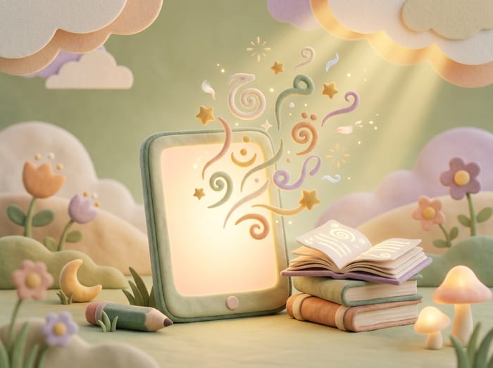 A glowing tablet beside a stack of storybooks in a soft felt garden
