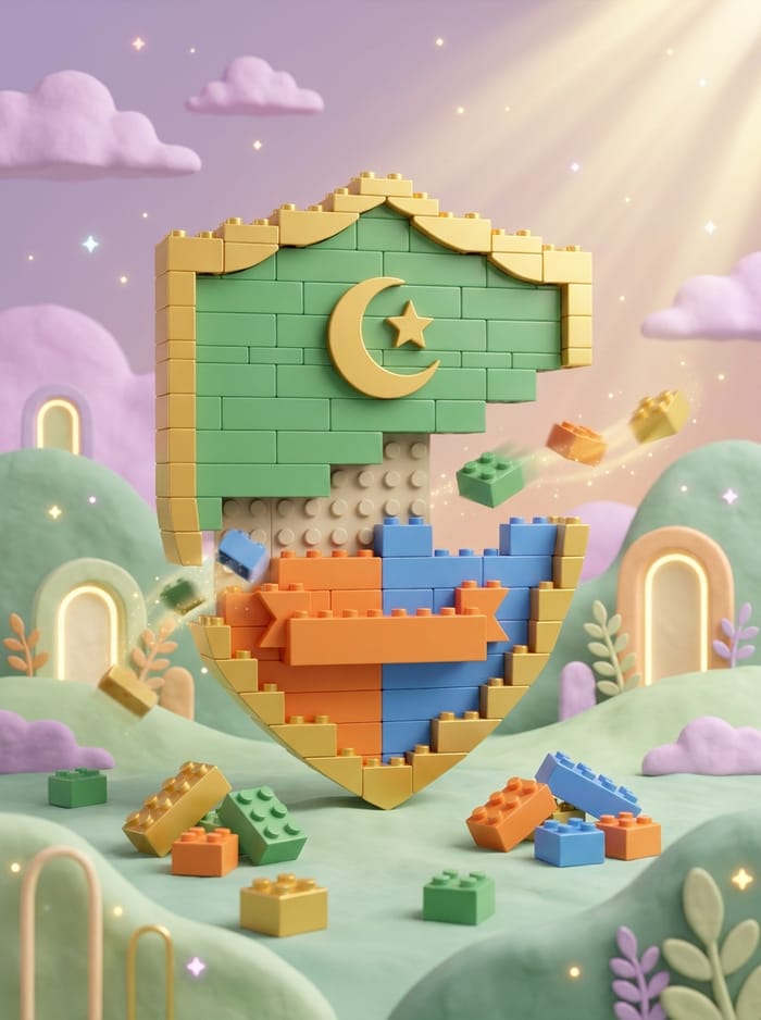 A shield built from coloured building blocks, standing in a green garden